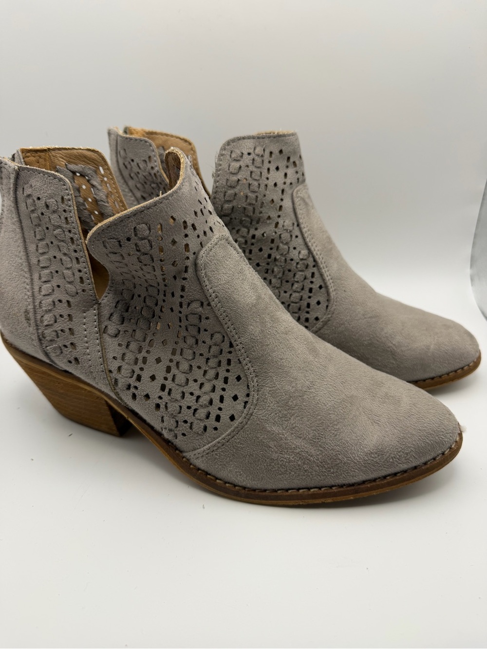 Perforated Suede Ankle Booties in Light Gray